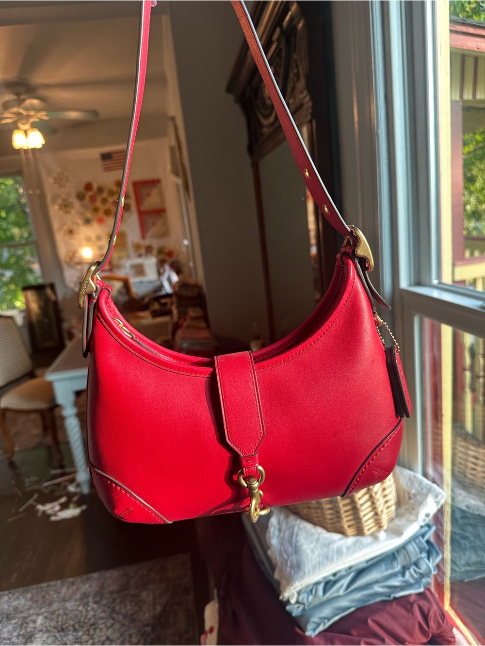 Coach Hamptons Hobo Re-edition Red Leather Shoulder Bag with Gold-Tone Hardware